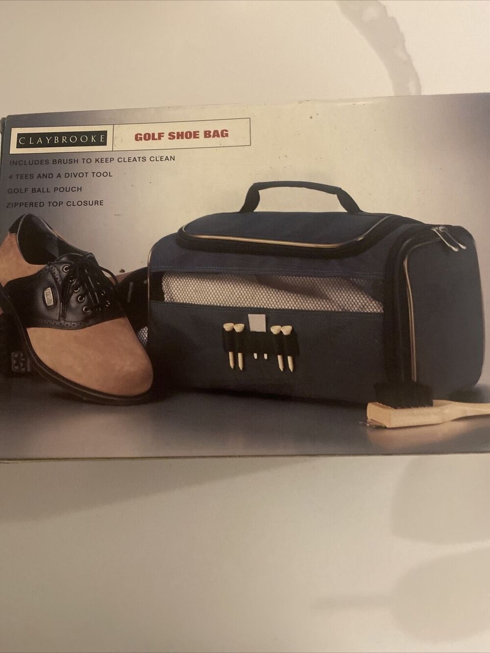 Claybrooke Golf Shoe Bag New Open Box Blue Includes Brush, Divot, Tees